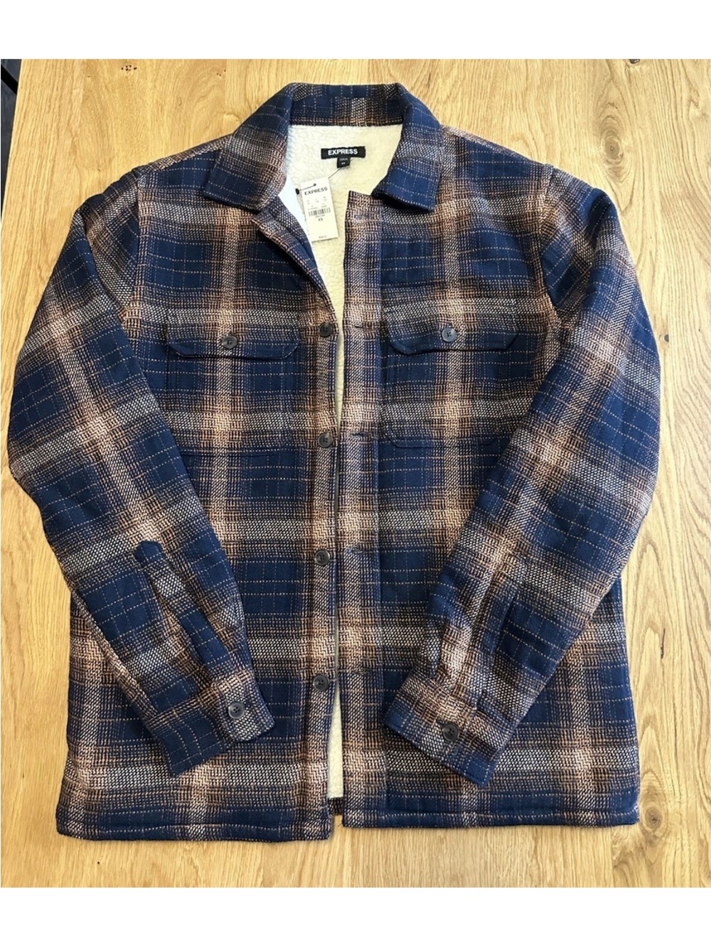Express Men’s XS Plaid Sherpa-Lined Shacket Jacket Button Front Blue Brown